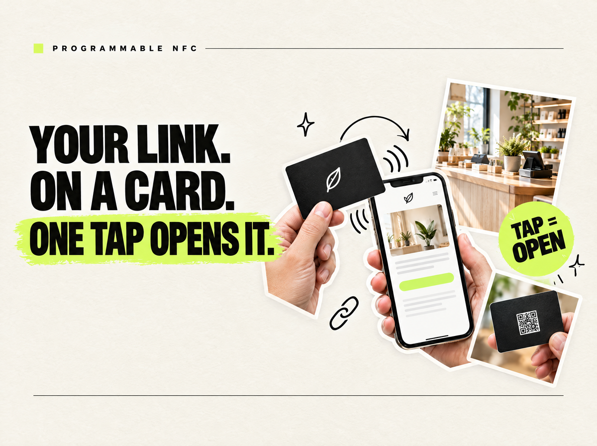 Pocket Factory editorial collage header for "Programmable NFC Cards: Encode Your Destination URL for Business"