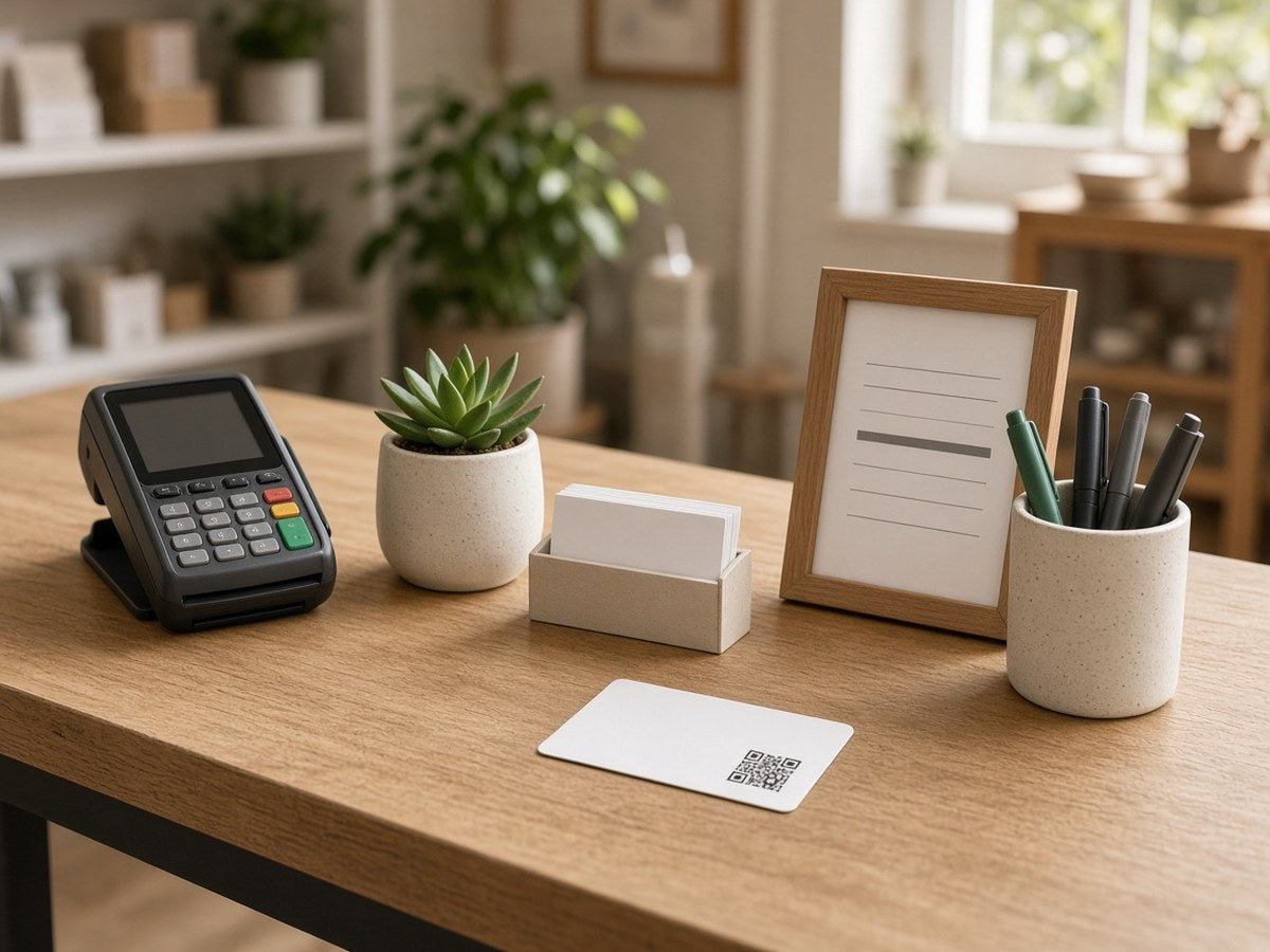 Tidy shop checkout counter with card reader, plant, business cards, sign, pens and a white NFC review card