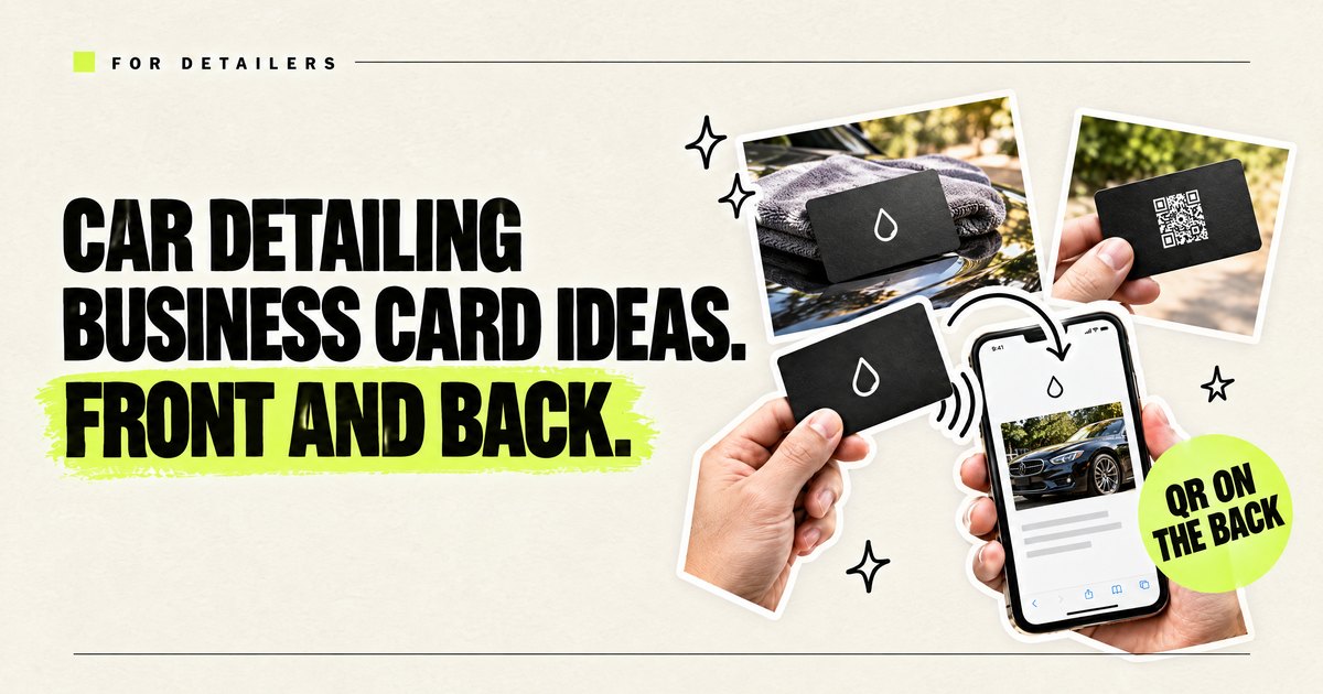 The front of a black detailing business card on a polished hood with a microfiber towel, and its back with a printed QR code, under the headline Car detailing business card ideas. Front and back.