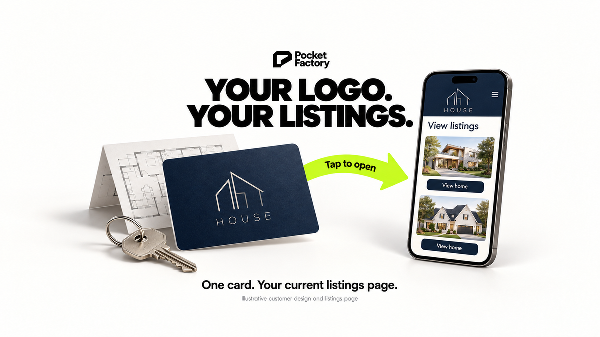 Illustrative realtor logo NFC card beside a house key and floor plan, with a lime arrow to a phone displaying a property listings gallery.