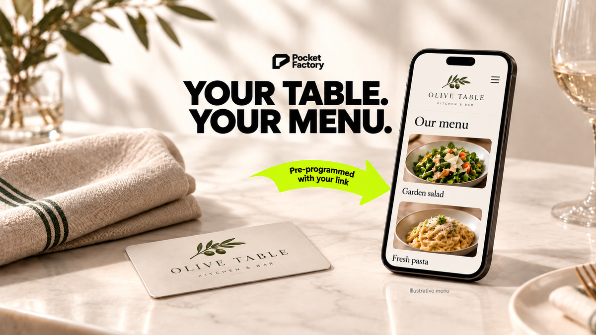 Illustrative restaurant logo NFC card lying flat beside a phone showing an online menu.