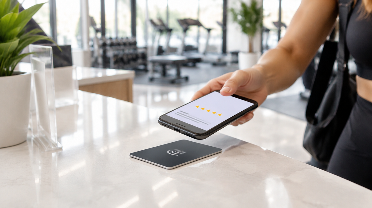 Pocket Factory NFC card: Google review NFC tap card on a gym front desk membership counter
