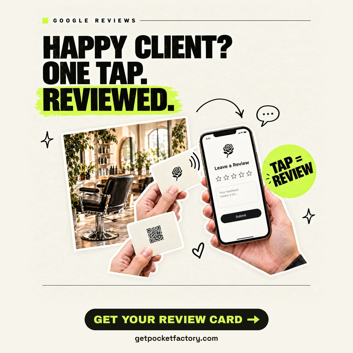 Pocket Factory Google review NFC card: in a salon, a customer taps their phone on the owner's personalized card and a review page opens; the card back shows the printed QR backup. Headline: Happy client? One tap. Reviewed. Button: Get your review card, getpocketfactory.com.