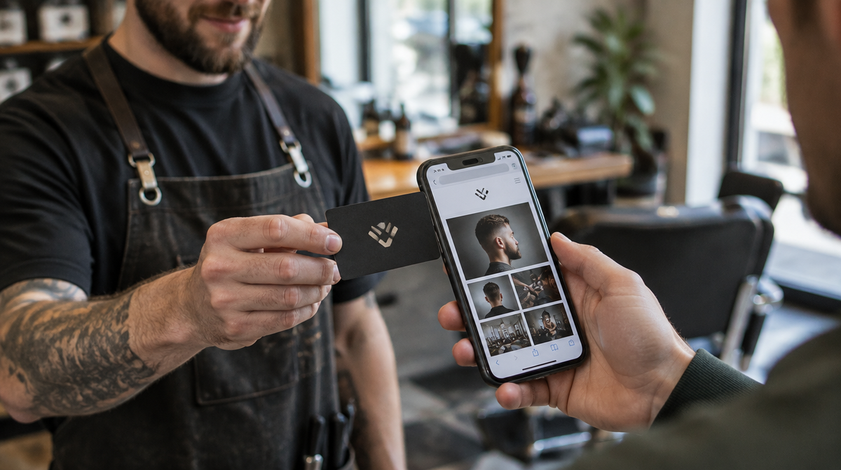 Pocket Factory NFC card: a barber holds his logo card while a customer's phone taps it and opens his page