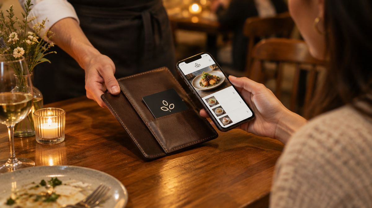 Pocket Factory NFC card with a restaurant's logo in a check presenter; a guest taps it with her phone, which opens the restaurant's web page