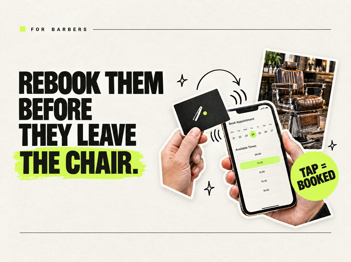 Barber booking tap card: a client taps a Pocket Factory NFC card with a phone and the booking page opens, so they rebook before leaving the chair