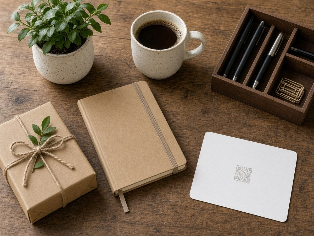 Gifts for a new business owner on a wooden table: plant, mug, notebook, desk organizer, wrapped box and a white NFC card