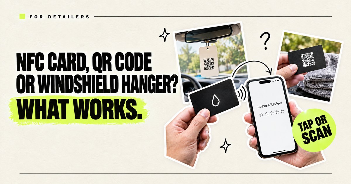 A QR code hanger on a rear-view mirror, a black NFC card tapped to a phone showing a review page, and a card back with a printed QR code, under the headline NFC card, QR code or windshield hanger? What works.