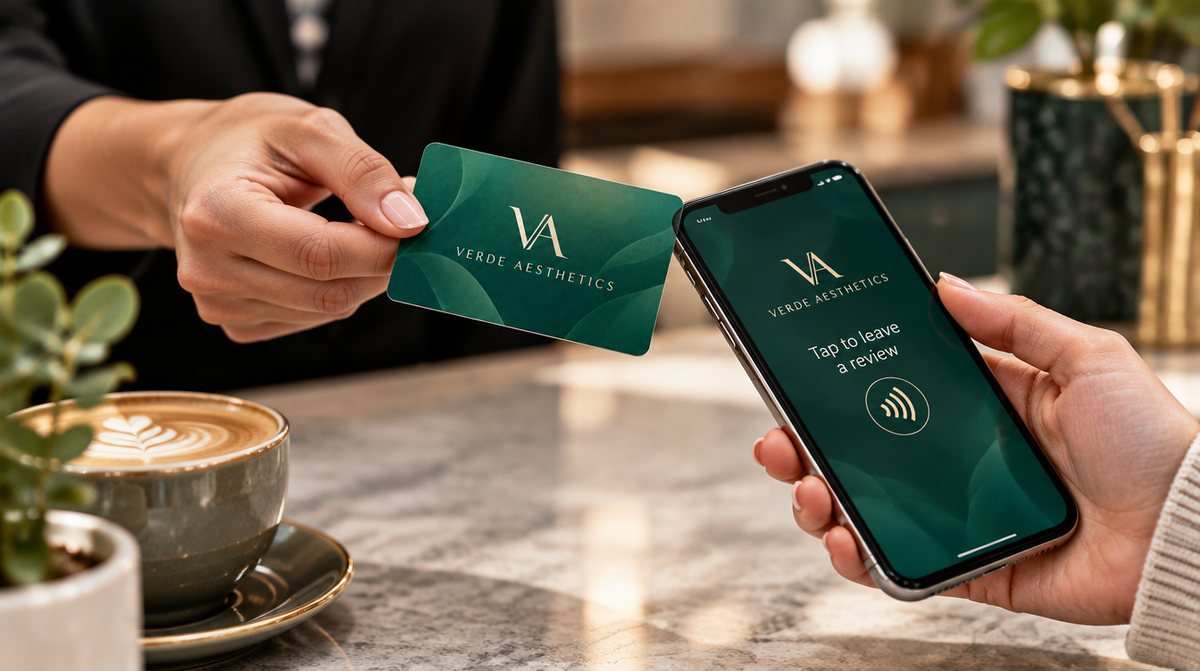 Pocket Factory personalized NFC card with a green sample logo held by the owner; one tap opens the business's page on a customer's phone
