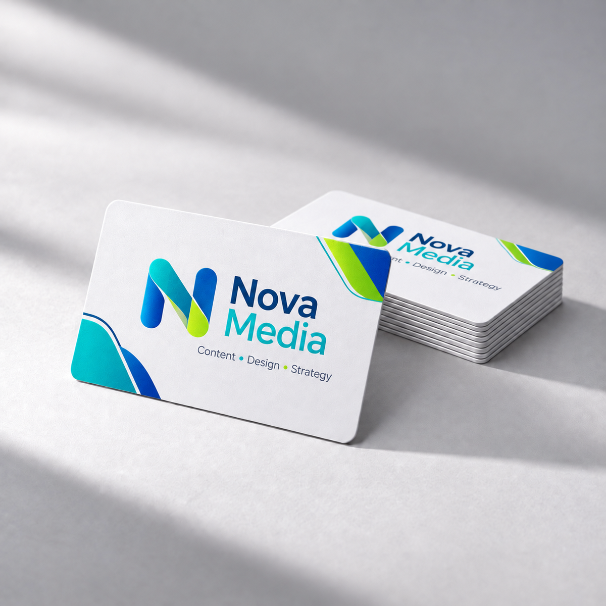 Official Pocket Factory sample design: NFC card design for an agency (Nova Media mockup) that opens the agency website.