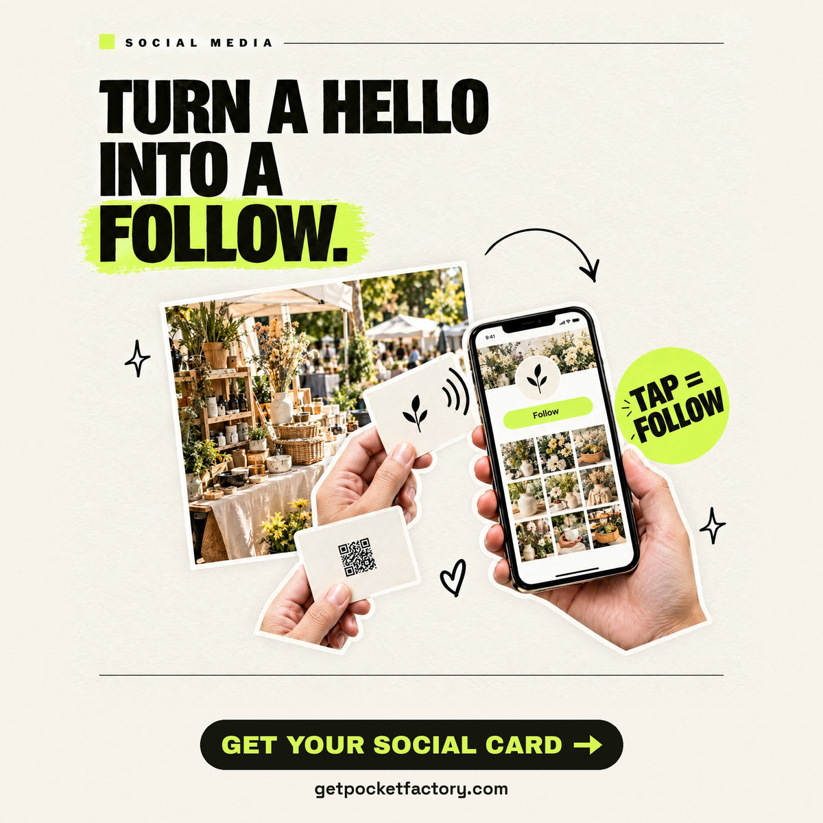 Pocket Factory social media NFC card: at a market stall, a personalized card tapped on a phone opens a social profile with a Follow button; the card back shows the printed QR backup. Headline: Turn a hello into a follow. Button: Get your social card, getpocketfactory.com.