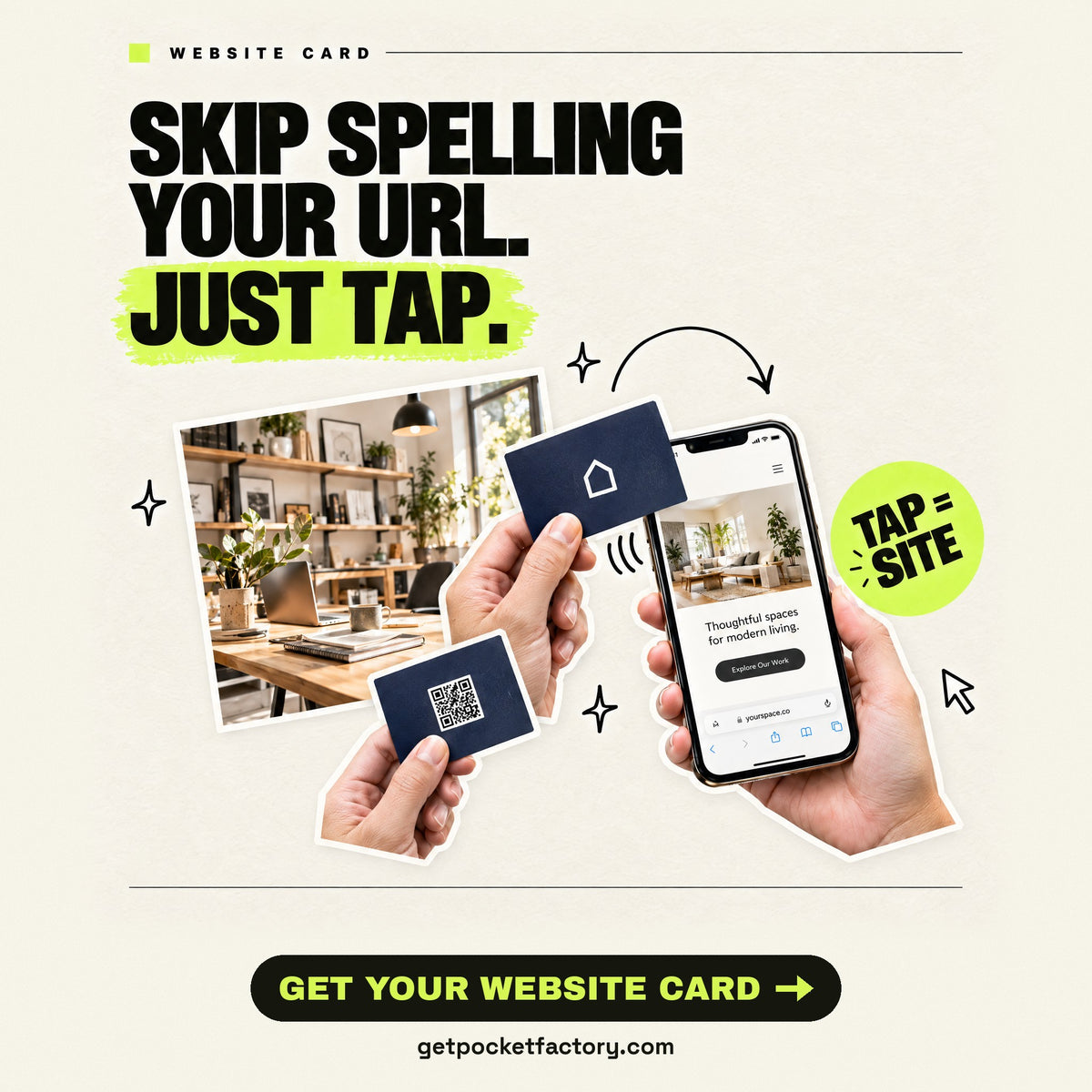 Pocket Factory website NFC card: a navy personalized card tapped on a phone opens the business website; the card back shows the printed QR backup. Headline: Skip spelling your URL. Just tap. Button: Get your website card, getpocketfactory.com.