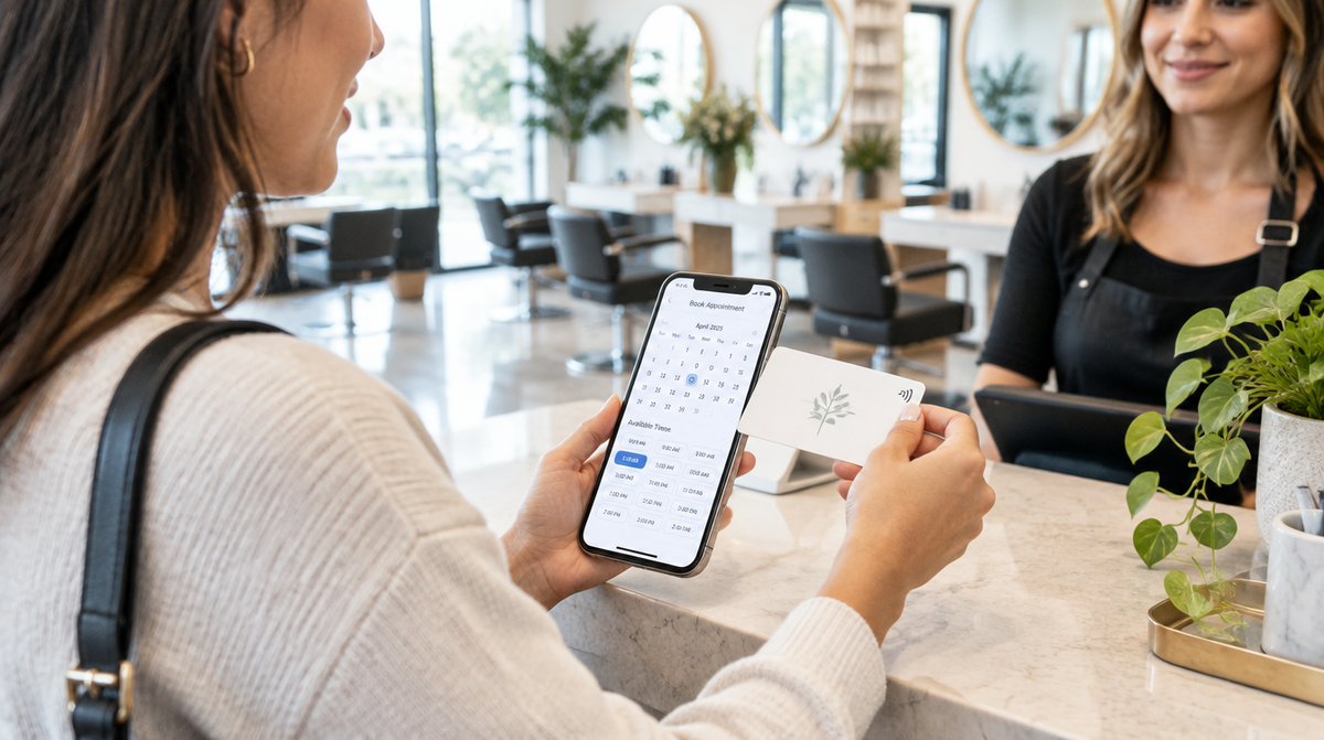 Official Pocket Factory product photo: a salon customer taps the salon's logo card with her phone and the online booking page opens.