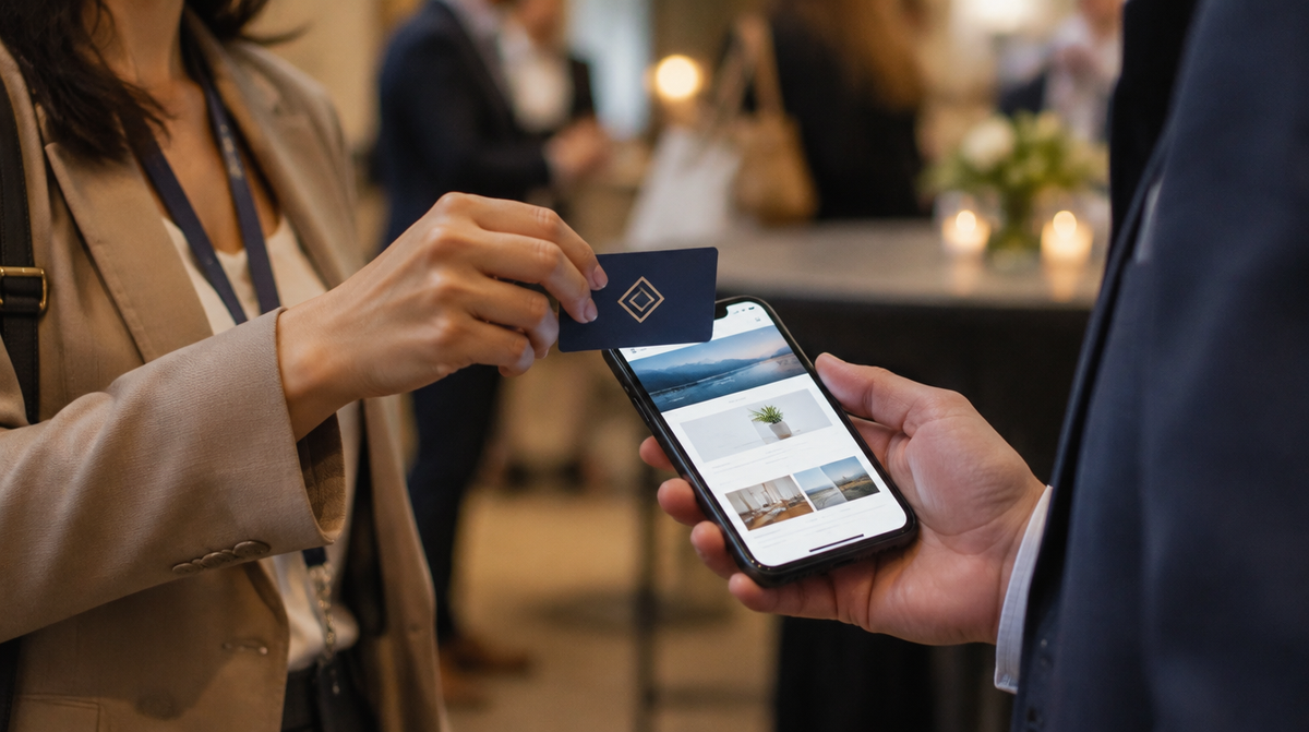 Official Pocket Factory product photo: the business owner holds a navy card printed with their logo and a customer taps it with a phone that opens the business link, such as its website, Instagram or TikTok.